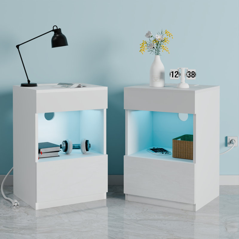 Franslin Manufactured Wood Nightstand with Charging Station and RGB LED Lights, White
