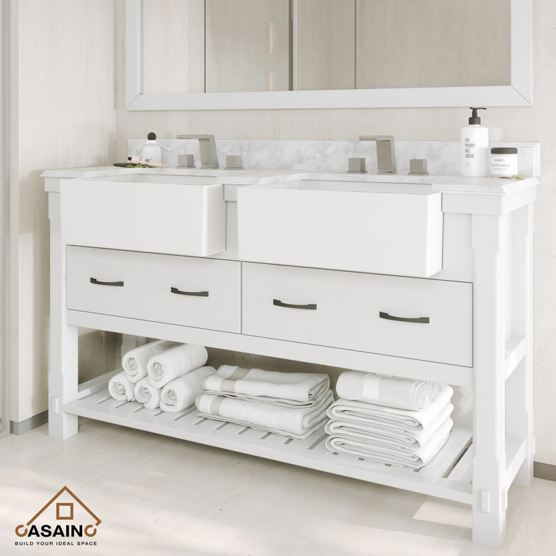 White Solid Wood Double Bathroom Vanity with Marble Top