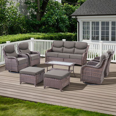 Ensemble de conversation d'extérieur en osier pour 7 à 9 personnes avec chaises pivotantes et table basse
