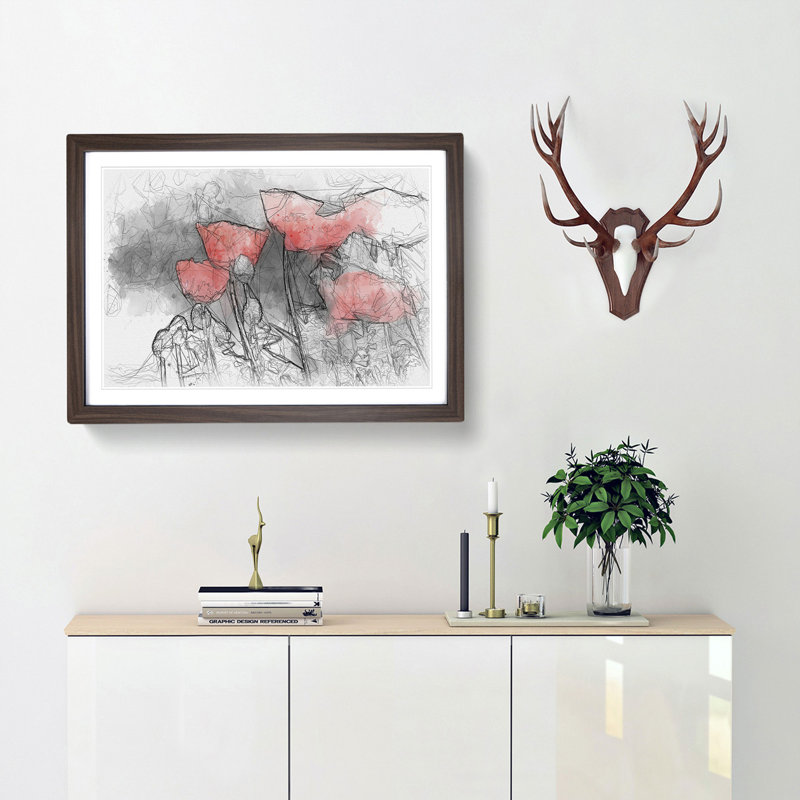 Red Poppy Field Sketch - Picture Frame Graphic Art Print, 62cm H x 87cm W x 2cm D, Walnut Framed