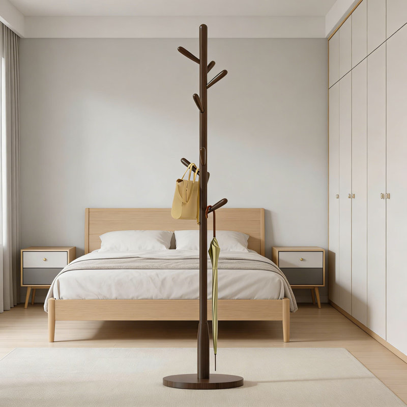 Solid Wood Coat Rack With 8 Hooks, Free Standing Coat Tree For Entryway And Hallway, Heavy Duty Rubberwood Construction With Adjustable Height