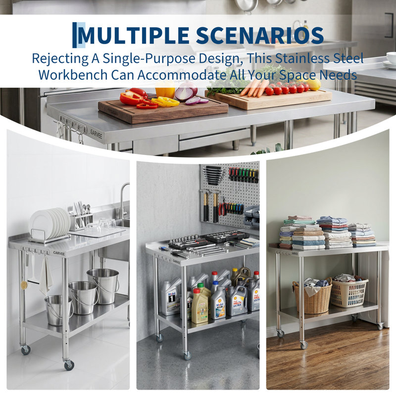 OUTGOODS 48x24x35" Commercial Stainless Steel Prep Table with Backsplash – Heavy-Duty Restaurant Worktable, Straight Edge, Adjustable Undershelf, 4 Lockable Swivel Casters