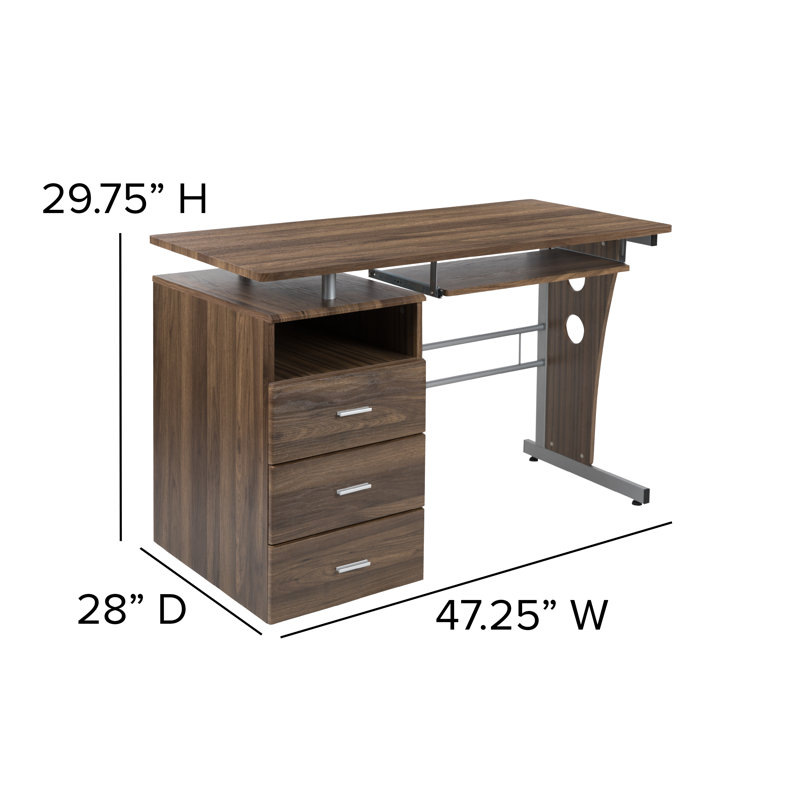 Picabo Computer Desk with Three Drawer Single Pedestal and Pull-Out Keyboard Tray, Rustic Walnut
