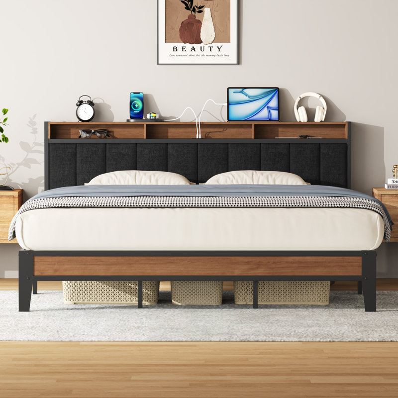 Upholstered Bed Frame with Charging Station and Storage Headboard, Black, King
