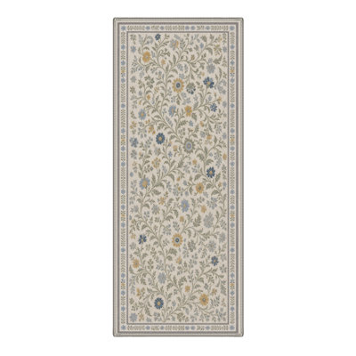 Machine Washable Floral Ivory / Blue Hallway Runner With Non-Slip Backing