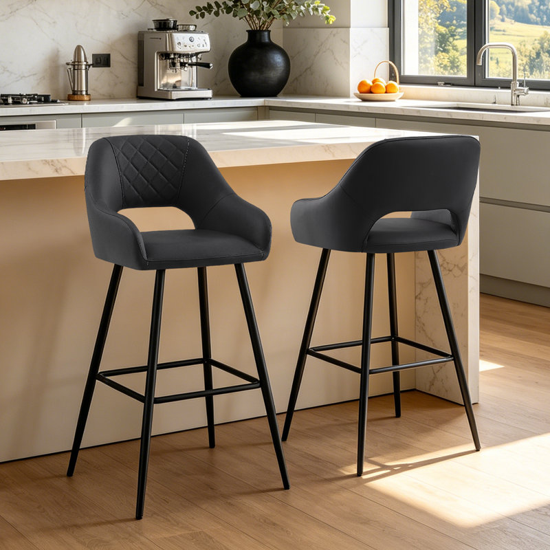 Faux Leather Upholstered Bar Stools with Armrests and Cut‑Out Backrest, Black