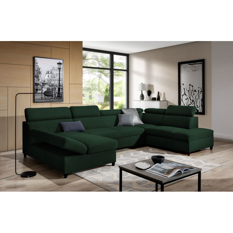 Queenscliff 7 Seater Velvet Sofa Bed, Green, Left Hand Facing