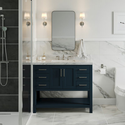 Moille 43" Single Bathroom Vanity in Midnight Blue, with 1.5 Italian Carrara Marble Top, Rectangle Sink