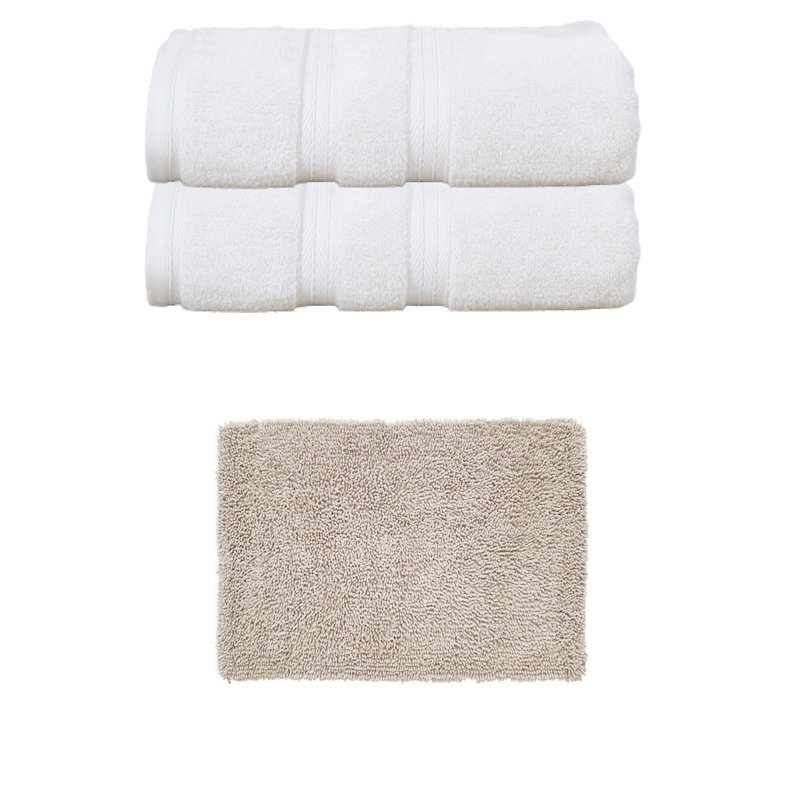 Bruno Collection 100% Soft Cotton Towel Set & 17x24" Bath Rug, 3 Piece Towel Set, Ivory