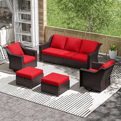 5-Pieces Outdoor Patio Conversation Rattan Seating Group With 2 Ottomans,2 Swivel Chairs and Red Cushions