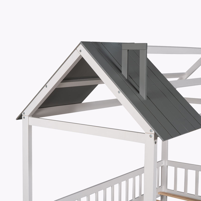 Lit en bois avec clôture Wood House, Blanc / gris, Lit simple