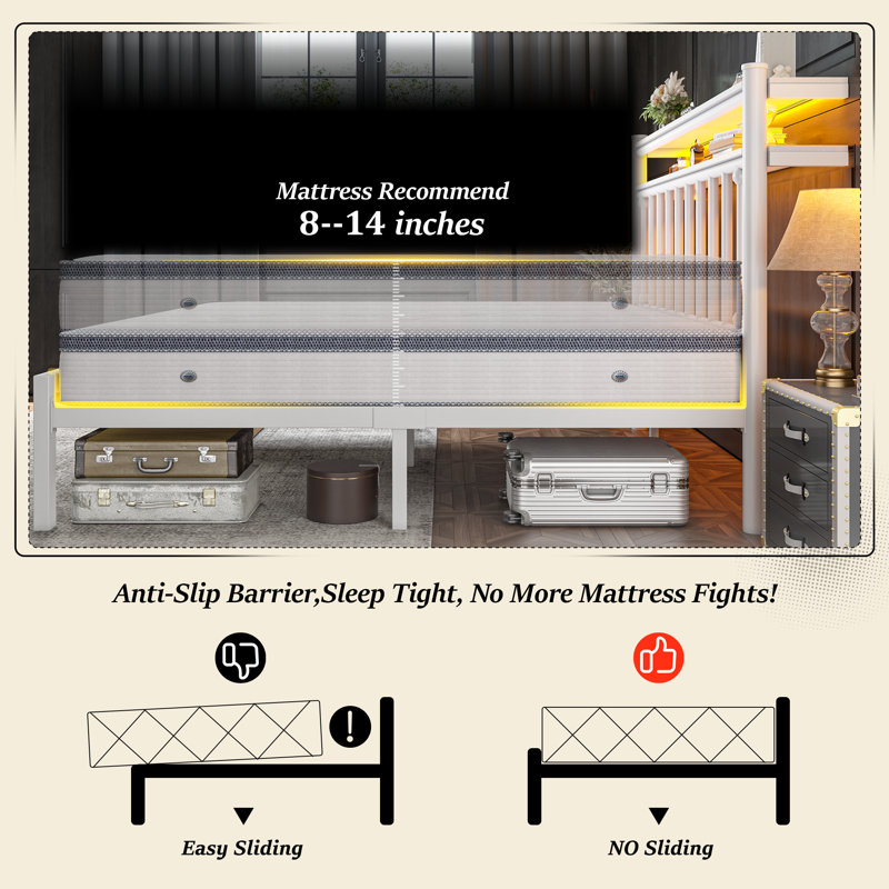 Metal Bed Frames With 2-Tier Storage Headboard And LED Light,No Box Spring Needed, Noise-Free,Easy Assembly, Full, White