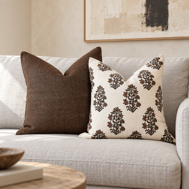Ensemble de housses de coussin en coton et lin tissé, imprimé floral marron et ivoire