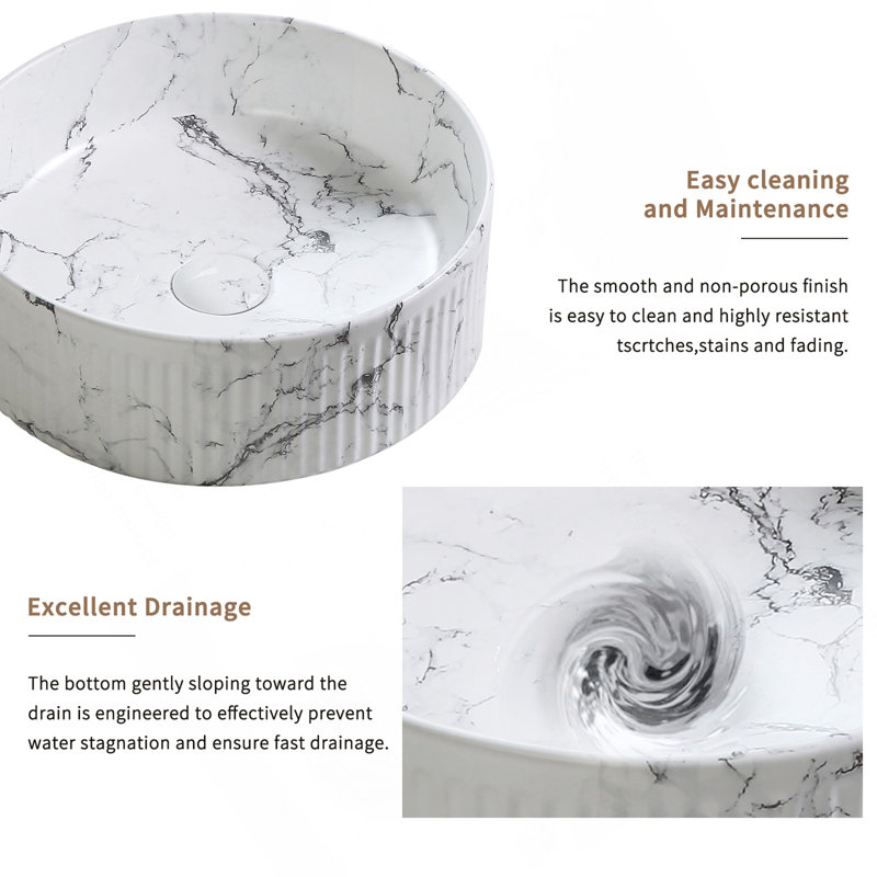 Round Vessel Sink Black White Marble 15"X15" Inch Bathroom Vessel Sink Round Above Counter Sink,Porcelain Ceramic Countertop Washing Art Basin For Vanity Lavatory Bath Cabinet With Faucet Darin