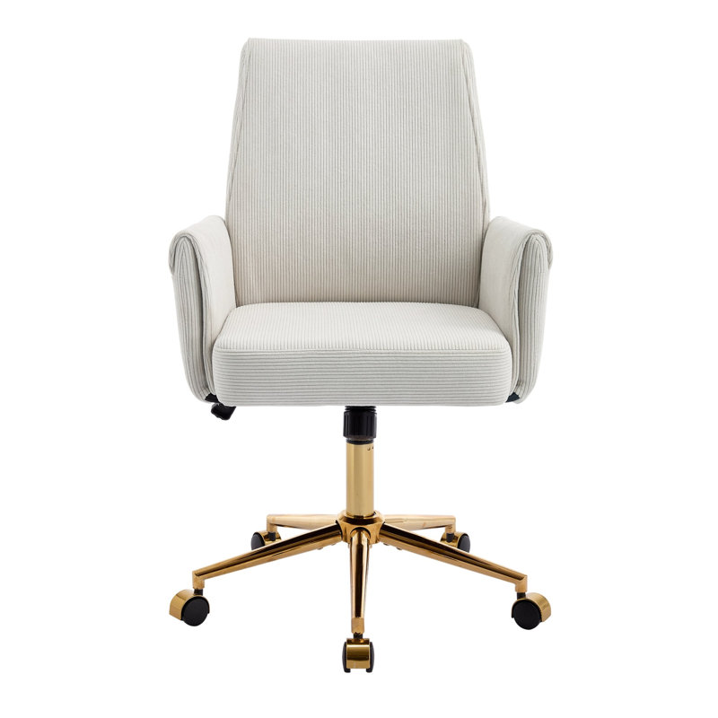 Chaise de bureau ergonomique à dossier moyen en velours côtelé avec base dorée et coussin en mousse viscoélastique, Blanc