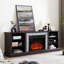 Meuble télé avec foyer et grand rangement, cerisier, h 25,13 po, pouvant accueillir un bureau moderne de 75 po et beaucoup d'espace de rangement, adapté aux téléviseurs