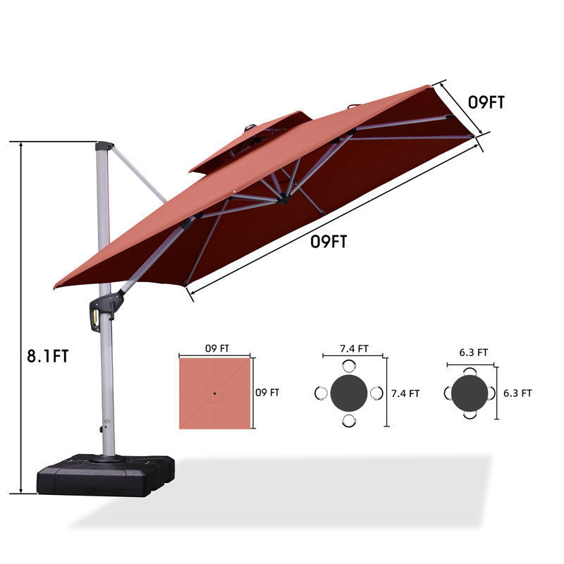 Parasol carré en porte-à-faux 9 pi x 9 pi Romy, rouge et brique inclus Romy, Rouge brique