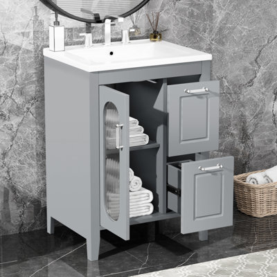 Armoire de meuble-lavabo 24 po en bois massif gris avec lavabo à deux tiroirs