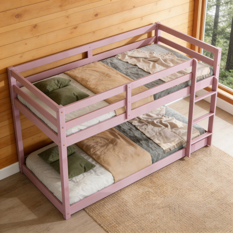 Twin Over Twin Solid Wood Bunk Beds With Ladder, Pink
