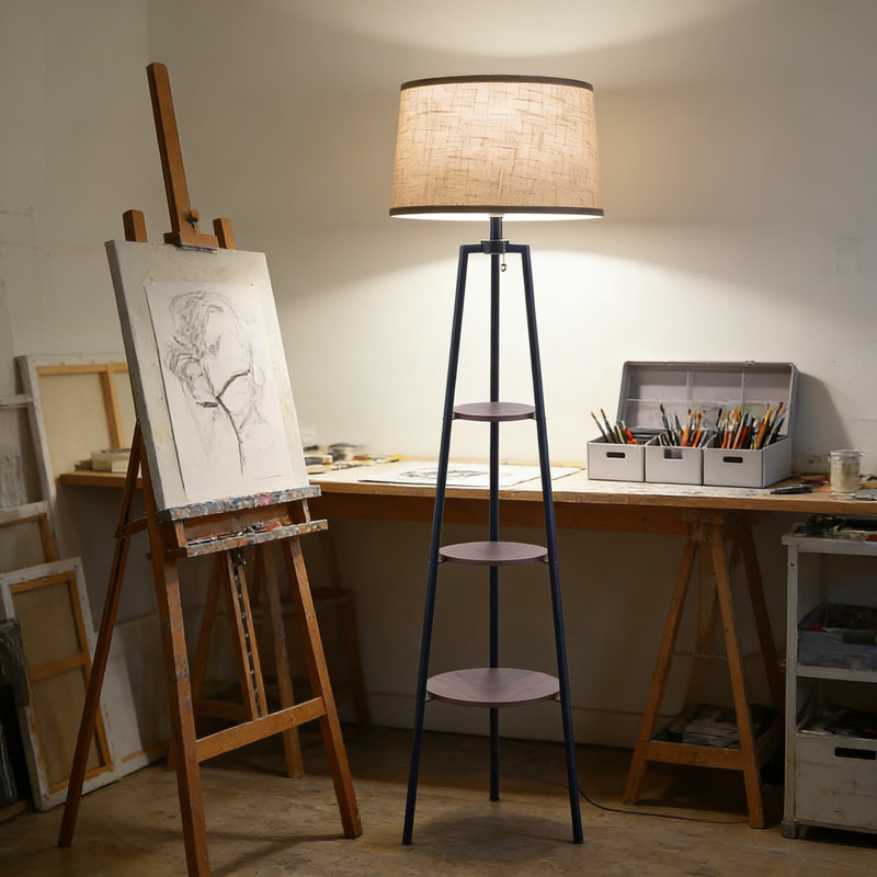 Modern 3-Tier Shelf Floor Lamp With Adjustable Color Temperature, Tripod Wood Base And Convenient Side Table For Living Room, Bedroom And Office