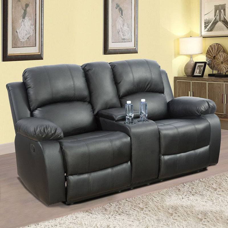 68" Wide Faux Leather Manual Reclining Loveseat Sofa, 2-Seater Recliner Couch With Storage & Cup Holder, Black