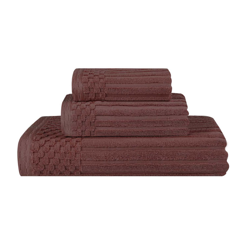 Kaelea Soho Cotton Ribbed Checkered Border Medium Weight 3 Piece Assorted Bathroom Towel Set, Brown, 3 Piece Towel set