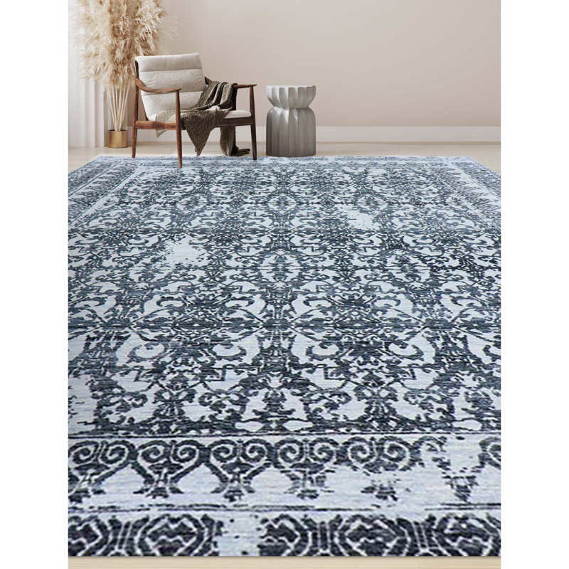 Tapis argenté et noir noué à la main de haute qualité, Rectangle 8 pi x 10 pi