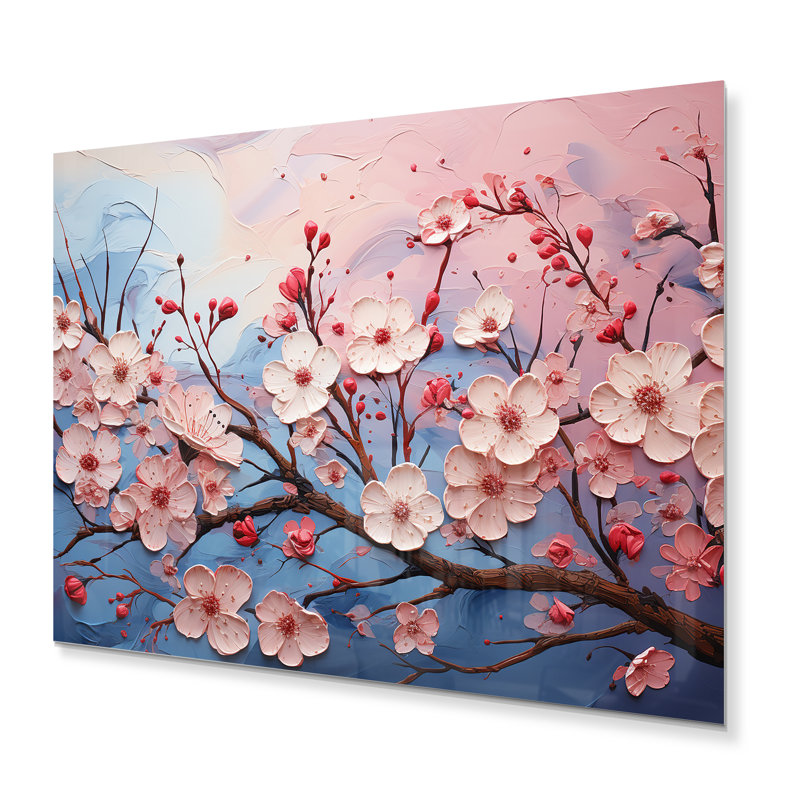 Fleurs de cerisier roses et bleues II sur impression métallique, H 12 po x l 20 po