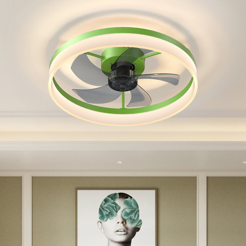 Frauly 19.7 Inch Led Enclosed Low Profile Ceiling Fan With Light, Green, Light Kit; Remote Control