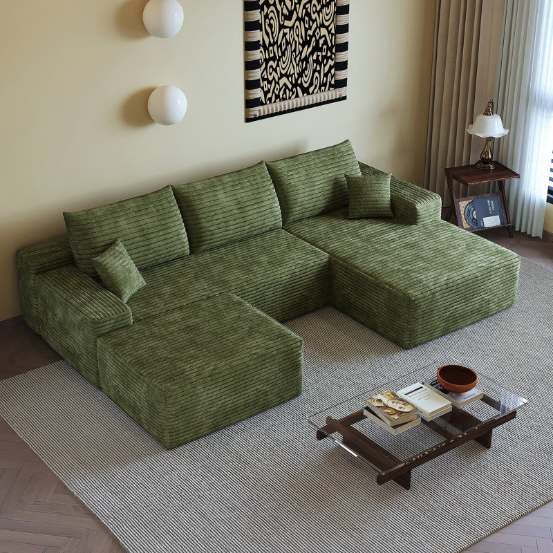 Canapé modulaire avec 1 repose-pieds, canapé rembourré avec méridienne orientée à droite, canapé en U pour le salon, Vert