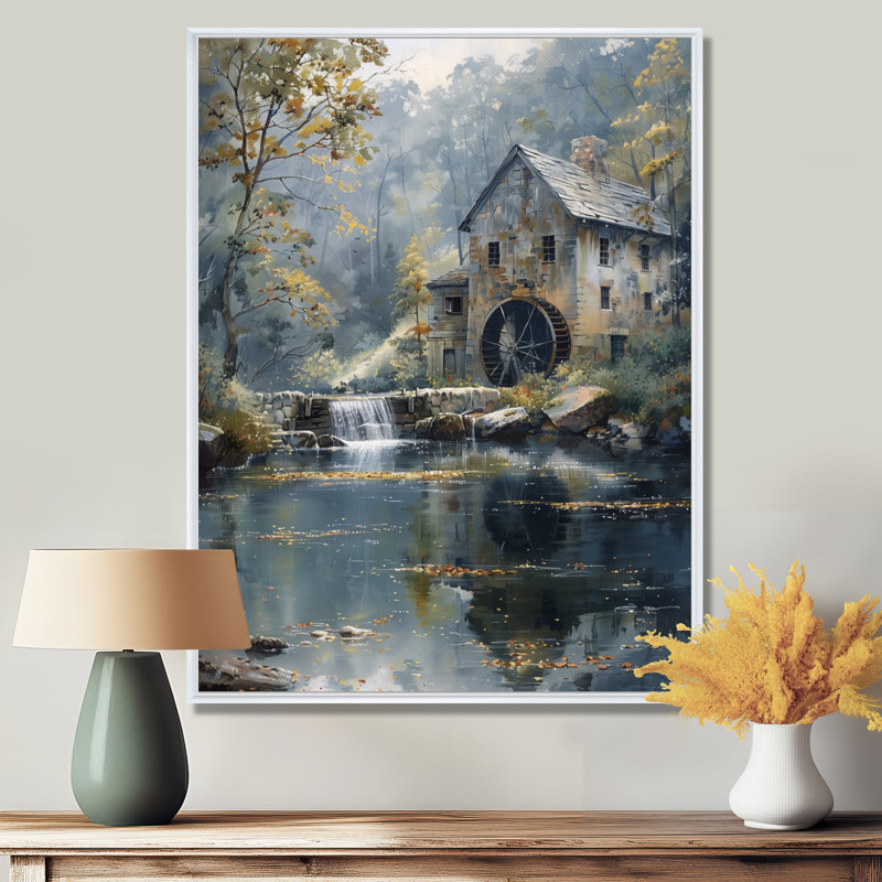 Décoration murale moulin vert vert été, Cadre flottant blanc, bois massif, H 34 po x l 44 po