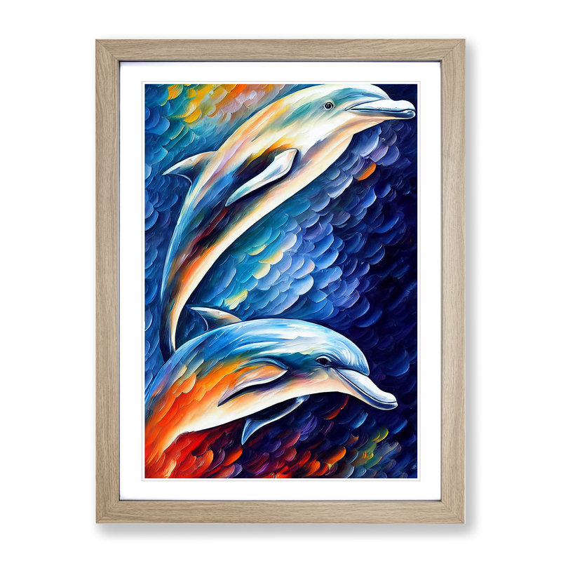 Two Dolphin No.2 - Wall Art, 34cm H x 25cm W x 2cm D, Paper Oak Framed