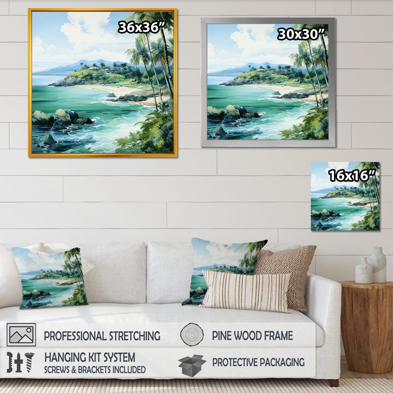 Tropical Beach Escape 2 - art mural bord de mer tropical, H 16 po x l 16 po x P 1 po, Cadre flottant noir
