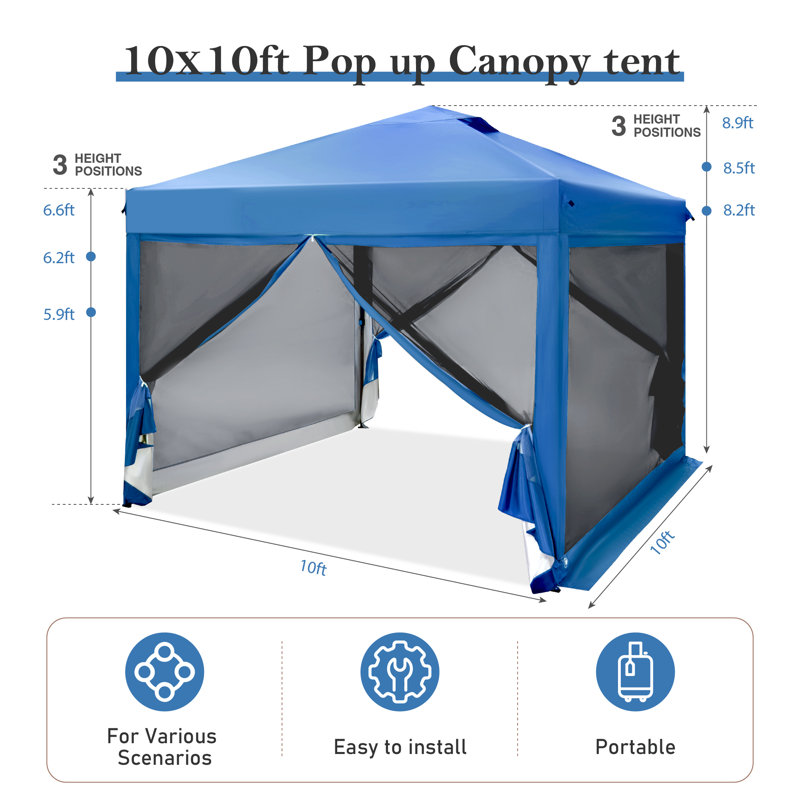 Tabbetha 10 Ft. W x 10 Ft. D Steel Pop-Up Canopy with Detachable Netting, Blue