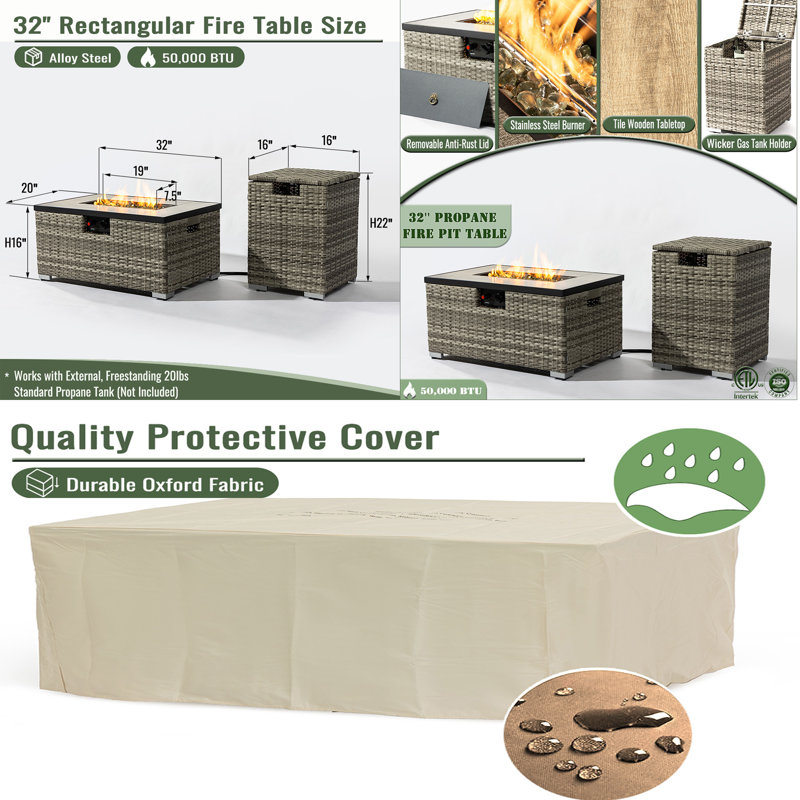 Table de foyer d'extérieur au propane 32 po avec base en osier 32 po, avec couvercle de réservoir, chauffe-terrasse en acier 2 pièces 50 000 BTU