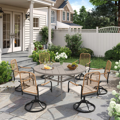 7-Pieces Patio Round Outdoor Dining Set With Rattan Swivel Chair
