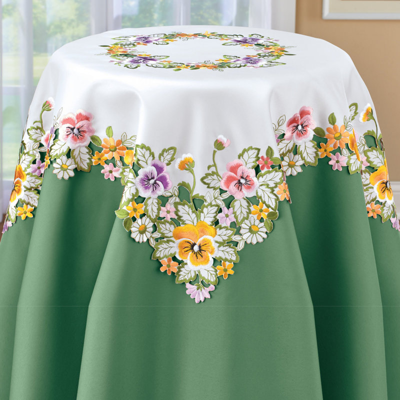 Embroidered Floral Green and White Square Tablecloth