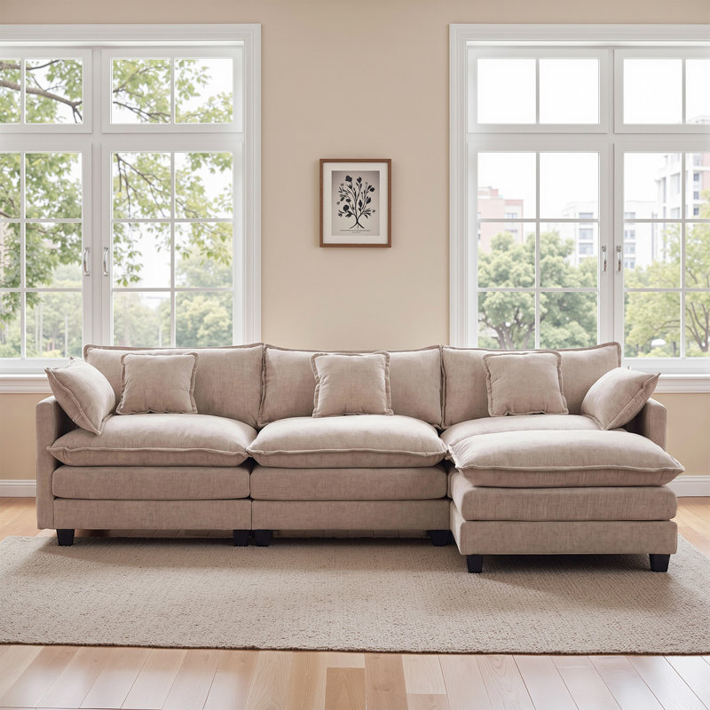 Modular Sectional Sofa, Comfy Cloud Couch With Movable Ottoman, 3-Seat Sofa Sleeper With Side Pockets, Deep Seat Sofa With Double Cushions & 5 Pillows For Living Room(112"-L Shape)