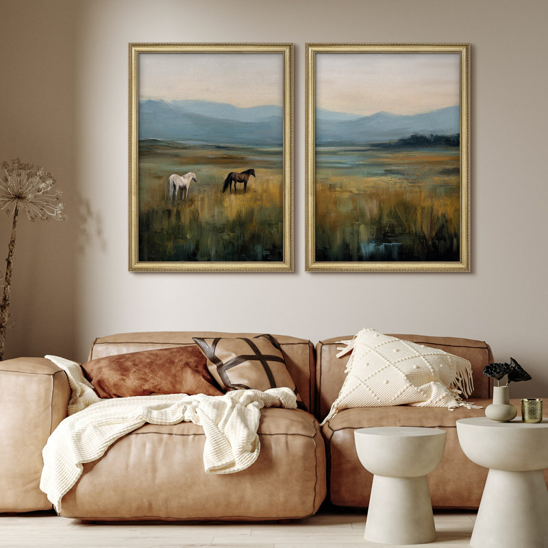 «Pastoral Horses in Misty Meadow Landscape», ensemble d'art mural encadré 26 po x 36 po
