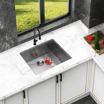 23 Inch Stainless Steel Single Bowl Undermount Kitchen Sink 18 Gauge 9 Deep, With Sloped Bottom Drain Grooves, Sound Proof Design, Easy Satin Finish 23*18*9 Gauge, Hand Brushed To Scratching, Grid,