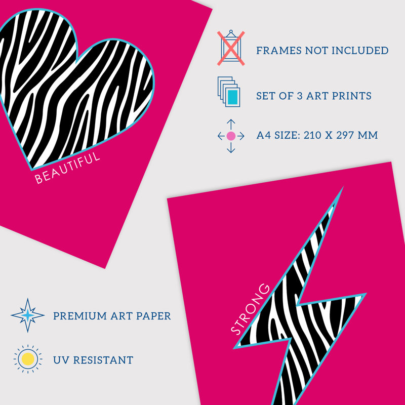Zebra Pattern Heart Lightning Star Shape Motivational - 3 Piece No Frame Print Set, 29.7cm H x 21cm W x 0.4cm D