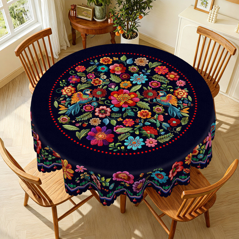 Colorful Floral Pattern Design Washable Black Polyester Tablecloth
