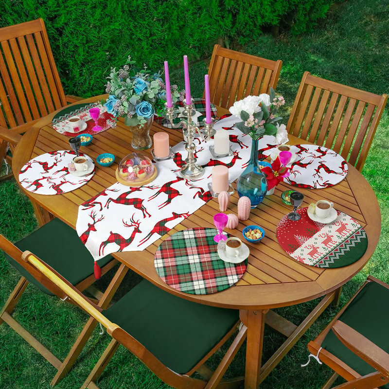 Ensemble de napperon et de table rond 7 pièces Christmas and Holiday, parfait pour les dîners des Fêtes, Motif Animal, Rouge