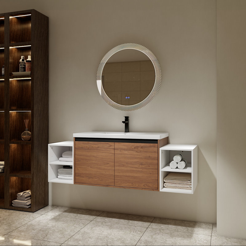 Meuble-lavabo mural avec lavabo en résine, deux tablettes de rangement et portes à fermeture en douceur, 60"