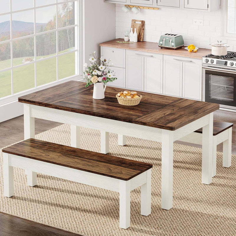 Ensemble de salle à manger de style campagnard 3 pièces avec bancs repliables pour petits espaces, pouvant accueillir confortablement 4 à 6 personnes avec une construction durable et un assemblage facile