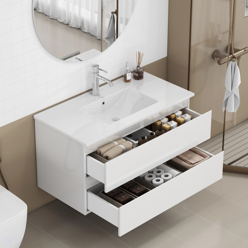 Ensemble de meuble-lavabo 36 po avec lavabo, armoire avec 2 grands tiroirs, système de fermeture en douceur, 2 grands tiroirs, conception sans poignée, assemblage facile, blanc brillant