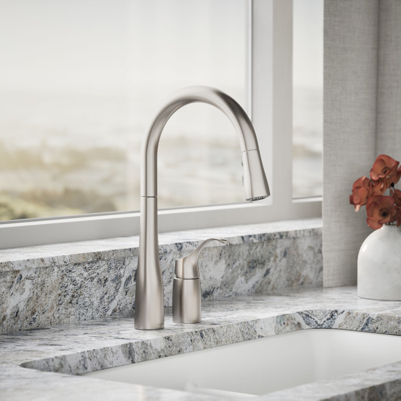 Simplice Pull Down Kitchen Sink Faucet with Three-Function Sprayhead, Two-Hole Installation, Vibrant Stainless
