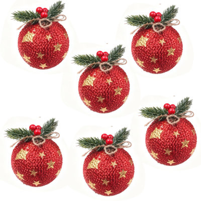 6PCS Christmas Plaid Ball Ornaments - 3.14Inch Buffalo Plaid Fabric Ball Ornaments with Pine Cones and Greenery, Plaid Christmas Tree Hanging Ball Ornaments Festive Decoration
