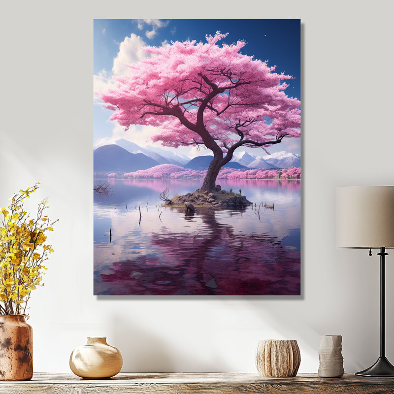 Fleur de cerisier majestueux dans un lac de montagne - Art mural cerisier en fleurs, H 32 po x l 24 po, Sans cadre