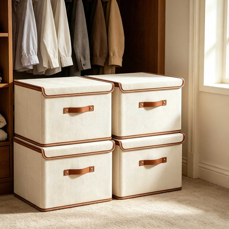 4 Pack Storage Bins with Lids, Collapsible Closet Organizer Container, Fabric Organizer Box with Handles, Decorative Storage Boxes